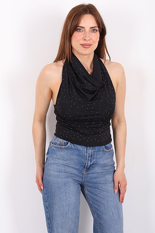 Boyundan Geçirmeli Degaje Yaka Kadın Siyah Taşlı Bluz - 7