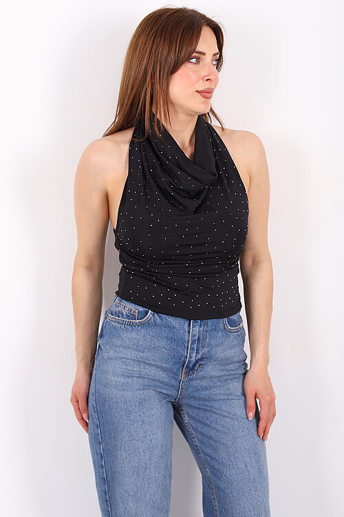 Boyundan Geçirmeli Degaje Yaka Kadın Siyah Taşlı Bluz - 4