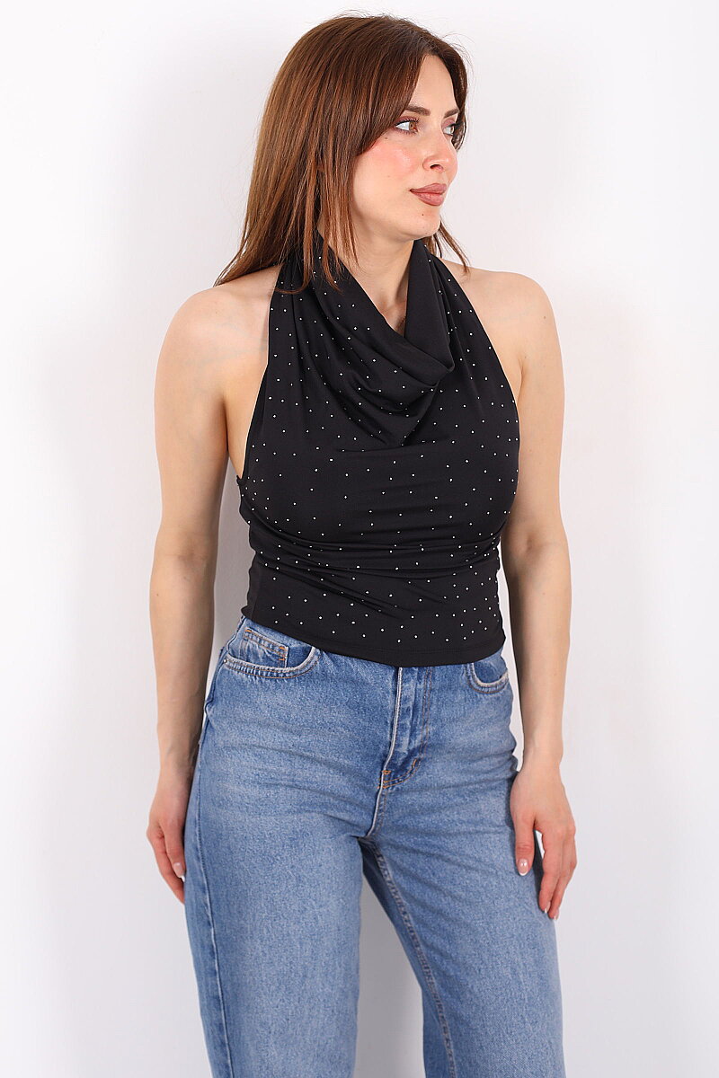 Boyundan Geçirmeli Degaje Yaka Kadın Siyah Taşlı Bluz - 4