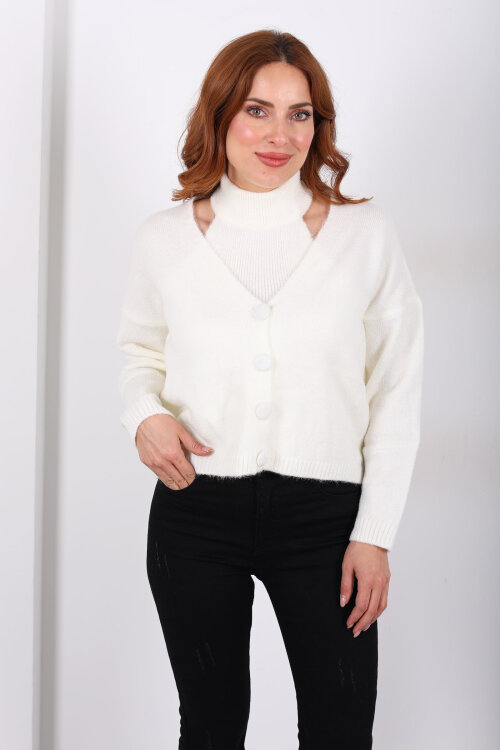 Boyundan Geçirmeli Ekru Kadın Triko Hırka Takım - 5