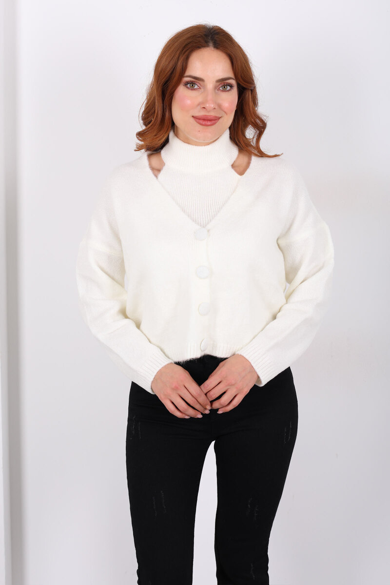 Boyundan Geçirmeli Ekru Kadın Triko Hırka Takım - 1