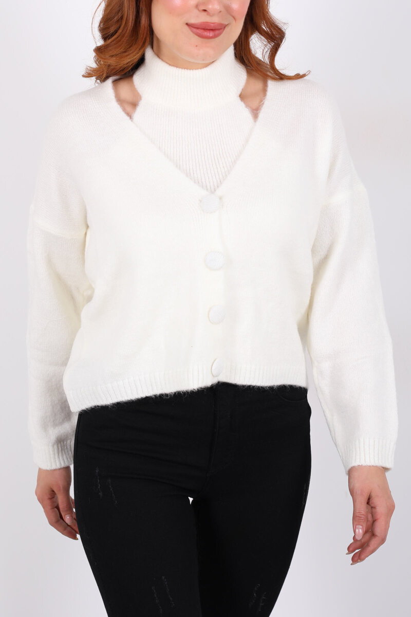 Boyundan Geçirmeli Ekru Kadın Triko Hırka Takım - 3