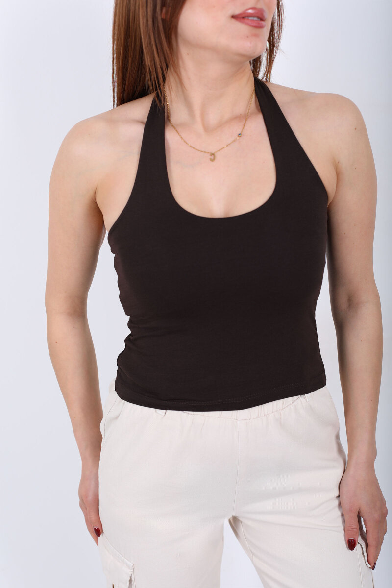 Boyundan Geçirmeli Kadın Acı Kahve Crop Top - 4