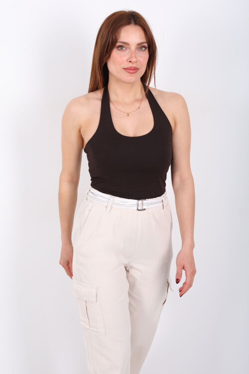 Boyundan Geçirmeli Kadın Acı Kahve Crop Top - 5