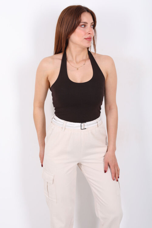 Boyundan Geçirmeli Kadın Acı Kahve Crop Top - Berox