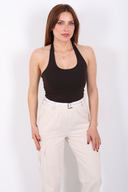 Boyundan Geçirmeli Kadın Acı Kahve Crop Top - 6