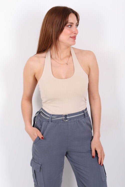 Boyundan Geçirmeli Kadın Bej Crop Top - 3