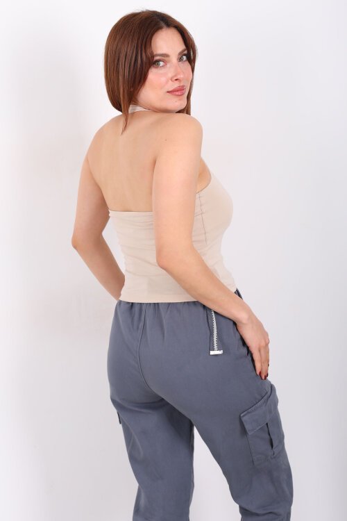 Boyundan Geçirmeli Kadın Bej Crop Top - 4