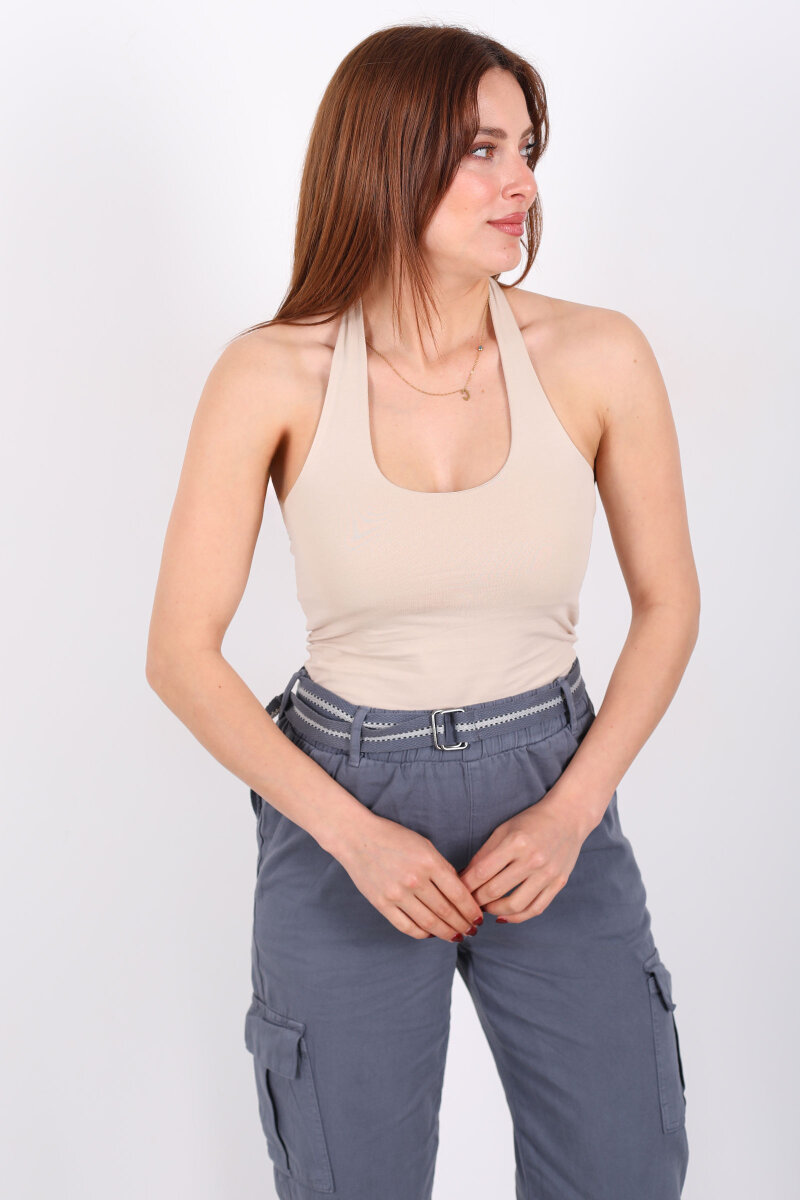 Boyundan Geçirmeli Kadın Bej Crop Top - 5