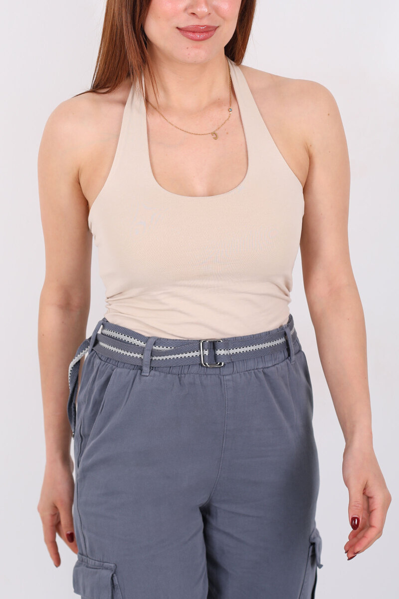 Boyundan Geçirmeli Kadın Bej Crop Top - 2