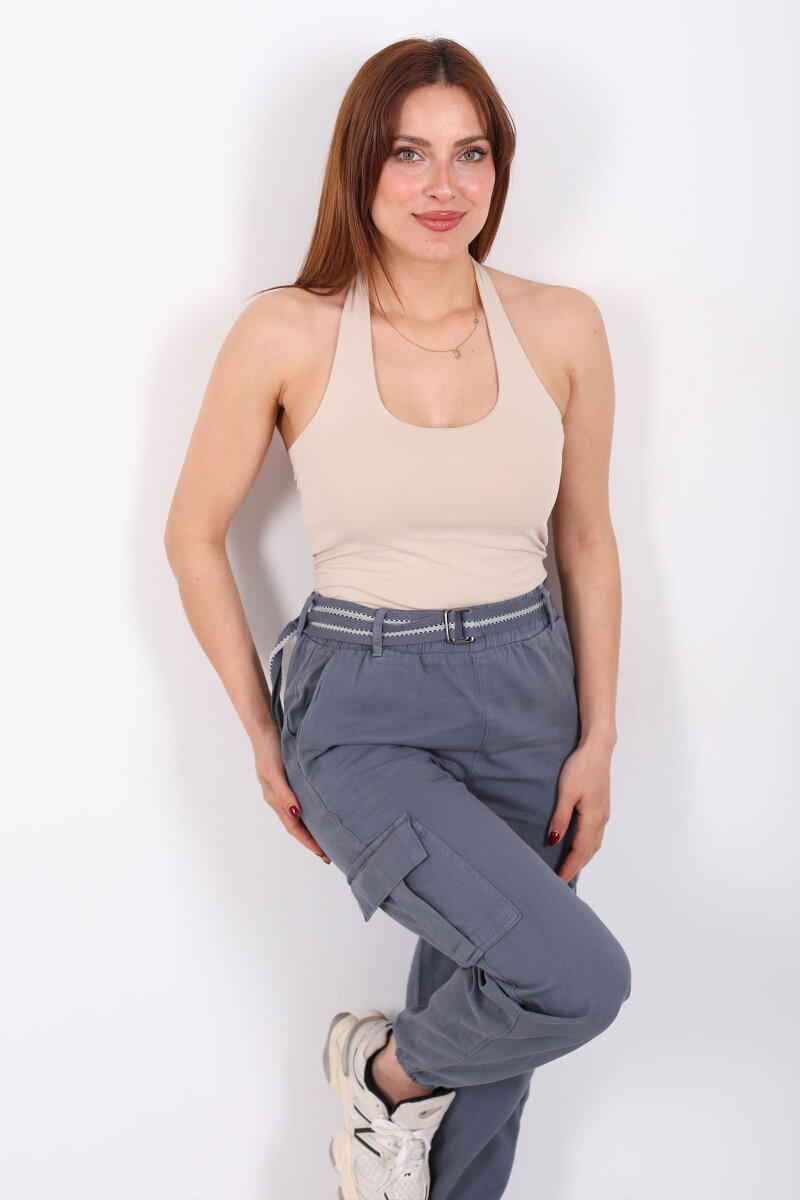 Boyundan Geçirmeli Kadın Bej Crop Top - 1