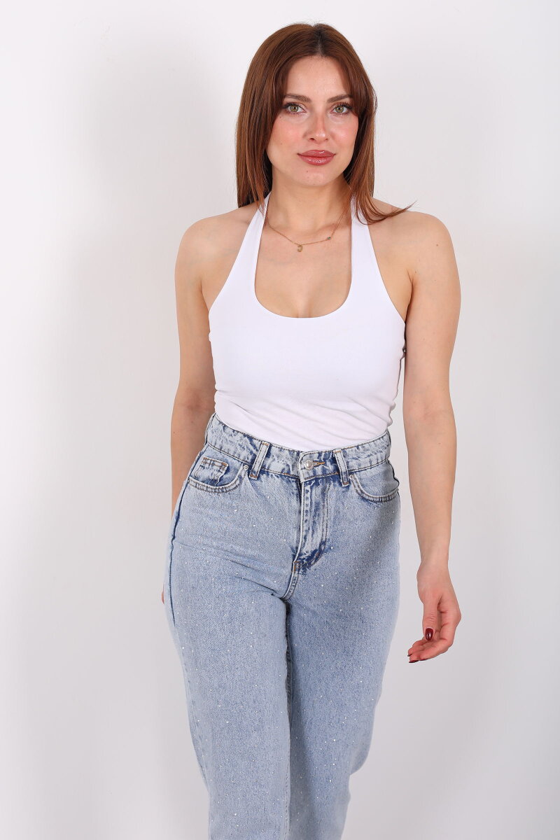 Boyundan Geçirmeli Kadın Beyaz Crop Top - 6