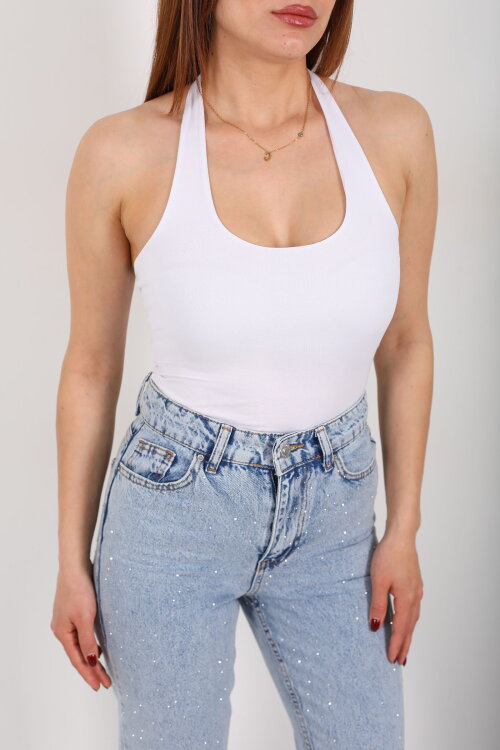 Boyundan Geçirmeli Kadın Beyaz Crop Top - 5