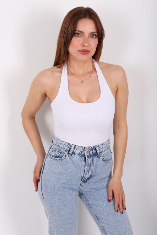 Boyundan Geçirmeli Kadın Beyaz Crop Top - 7