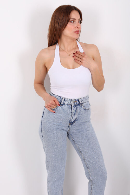 Boyundan Geçirmeli Kadın Beyaz Crop Top - 3