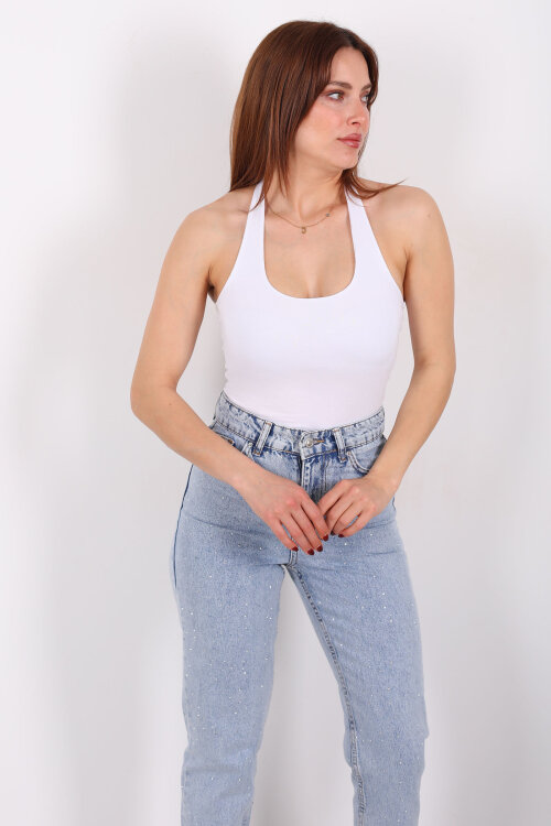 Boyundan Geçirmeli Kadın Beyaz Crop Top - 4