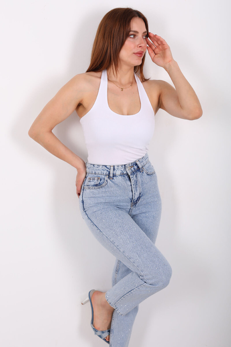 Boyundan Geçirmeli Kadın Beyaz Crop Top - 1