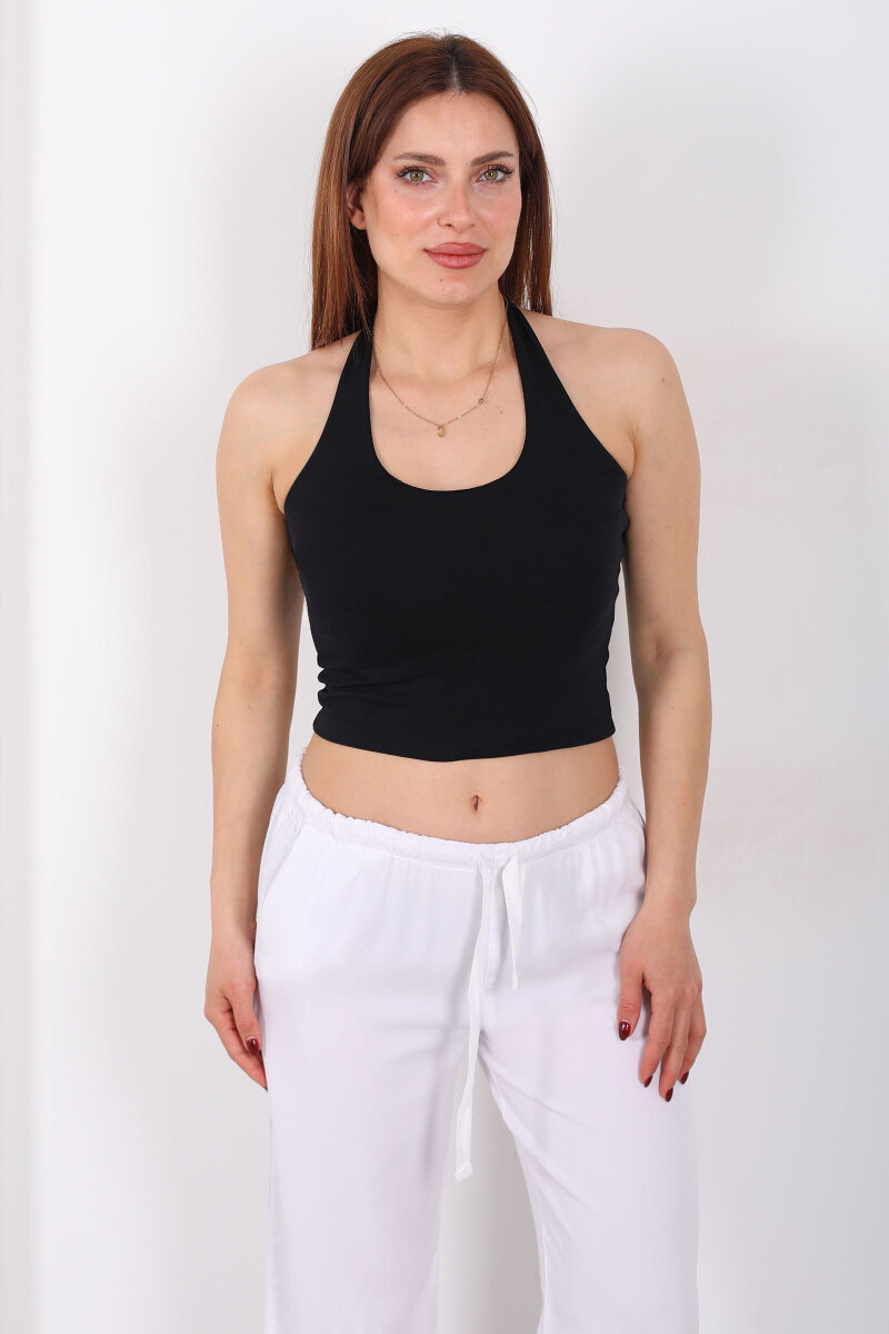 Boyundan Geçirmeli Kadın Siyah Crop Top - 4
