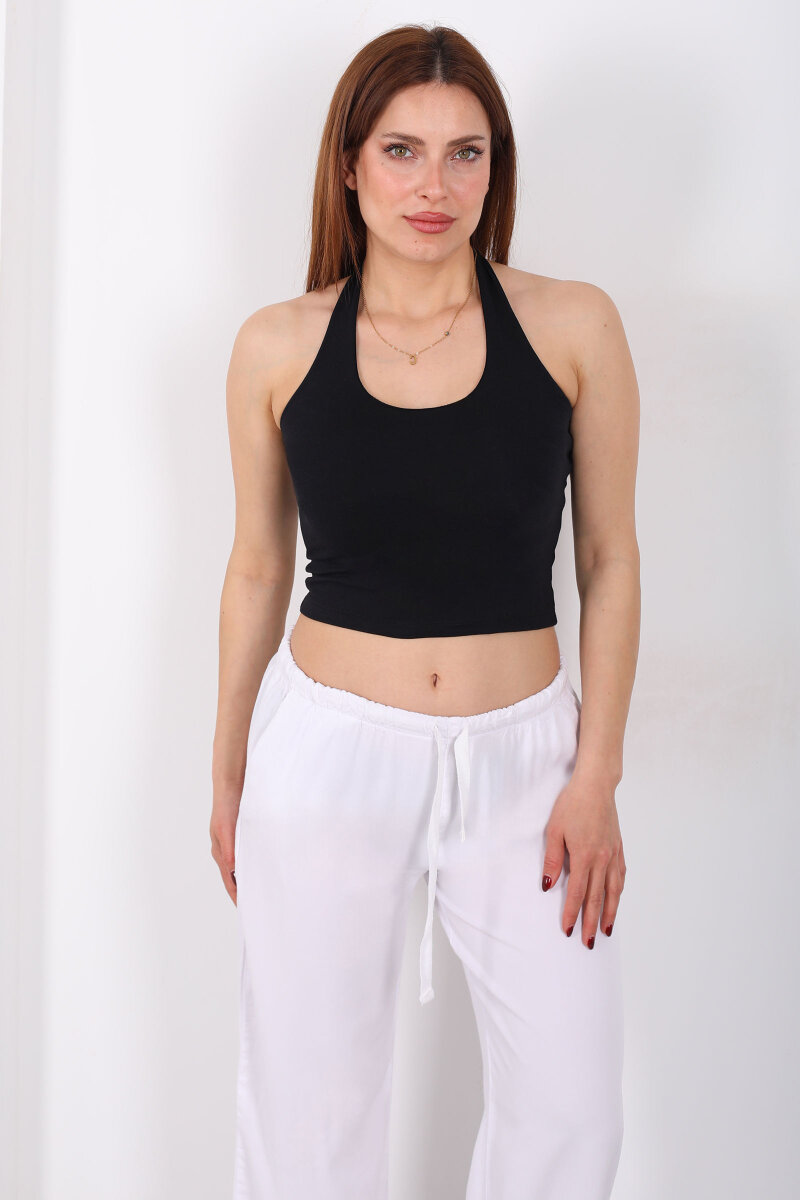 Boyundan Geçirmeli Kadın Siyah Crop Top - 6