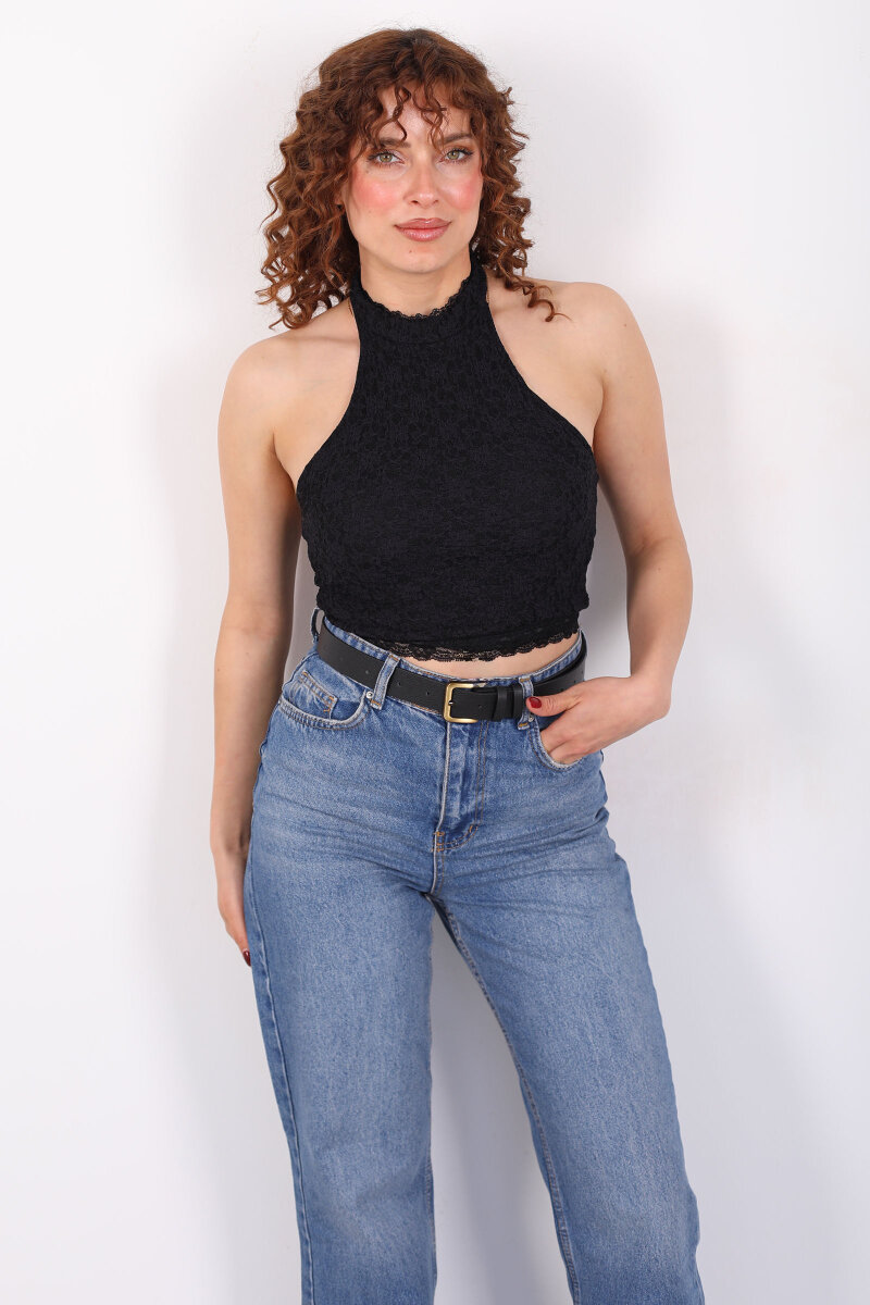 Boyundan Geçirmeli Sırtı Açık Siyah Kadın Dantel Crop - 3