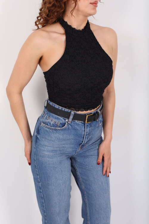 Boyundan Geçirmeli Sırtı Açık Siyah Kadın Dantel Crop - 4