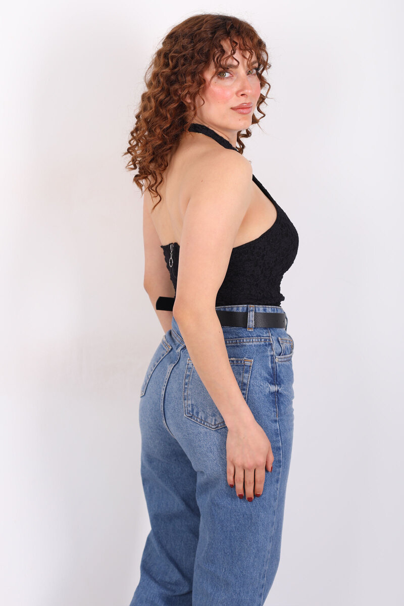 Boyundan Geçirmeli Sırtı Açık Siyah Kadın Dantel Crop - 2