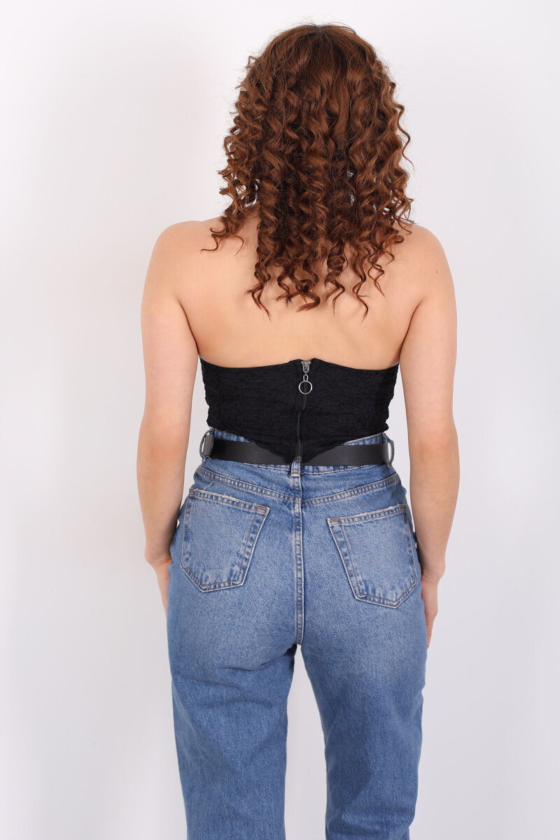 Boyundan Geçirmeli Sırtı Açık Siyah Kadın Dantel Crop - 6