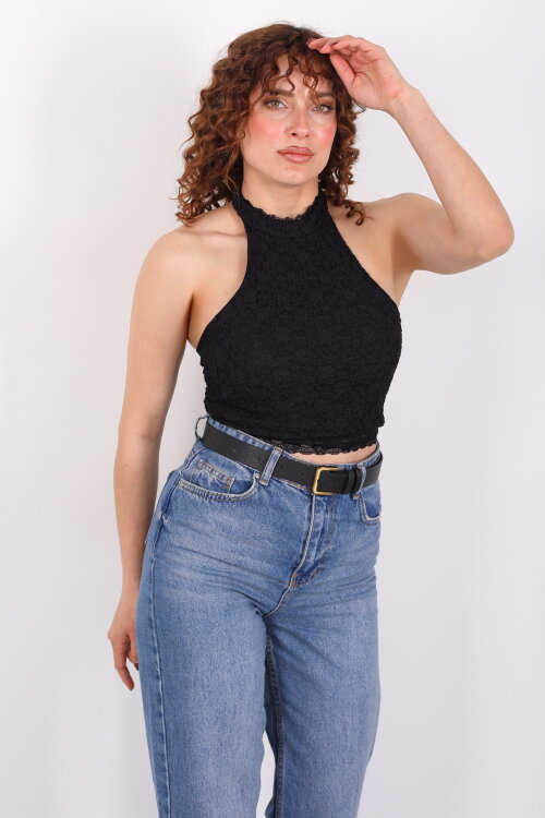 Boyundan Geçirmeli Sırtı Açık Siyah Kadın Dantel Crop - Berox