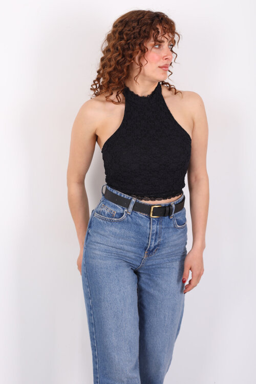Boyundan Geçirmeli Sırtı Açık Siyah Kadın Dantel Crop - 5