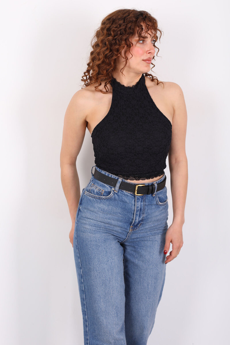 Boyundan Geçirmeli Sırtı Açık Siyah Kadın Dantel Crop - 5