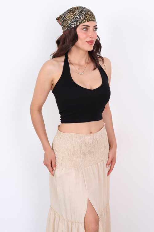 Boyundan Geçirmeli Siyah Kadın Crop - 3