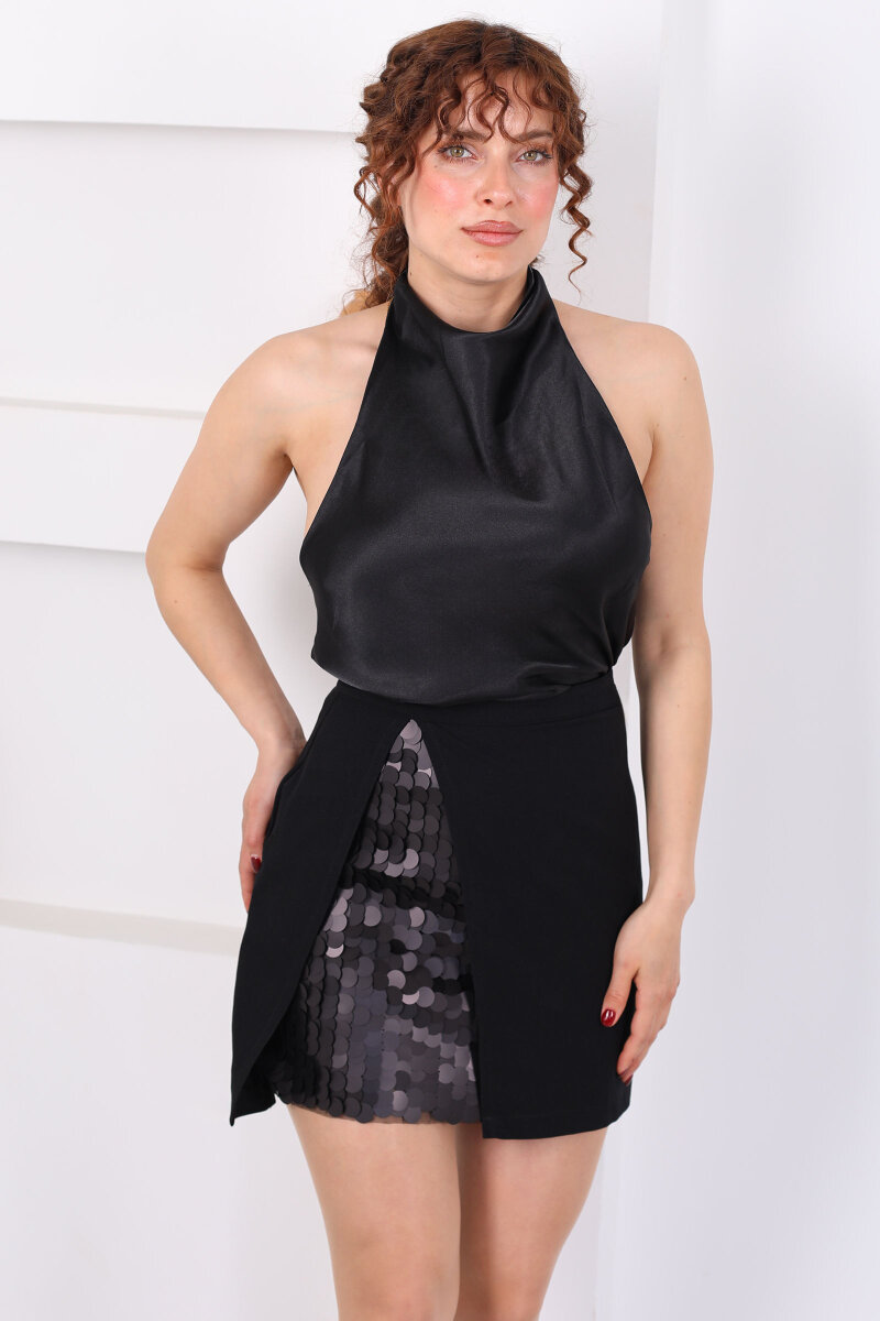 Boyundan Geçirmeli Siyah Kadın Saten Bluz - 5