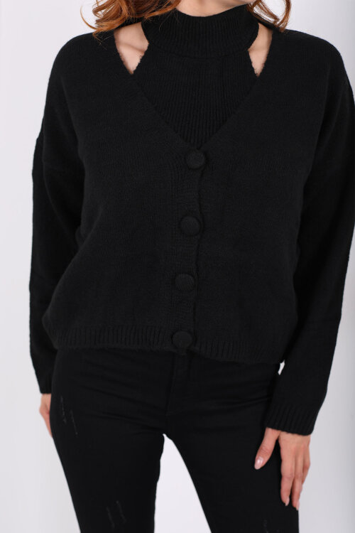 Boyundan Geçirmeli Siyah Kadın Triko Hırka Takım - Berox (1)