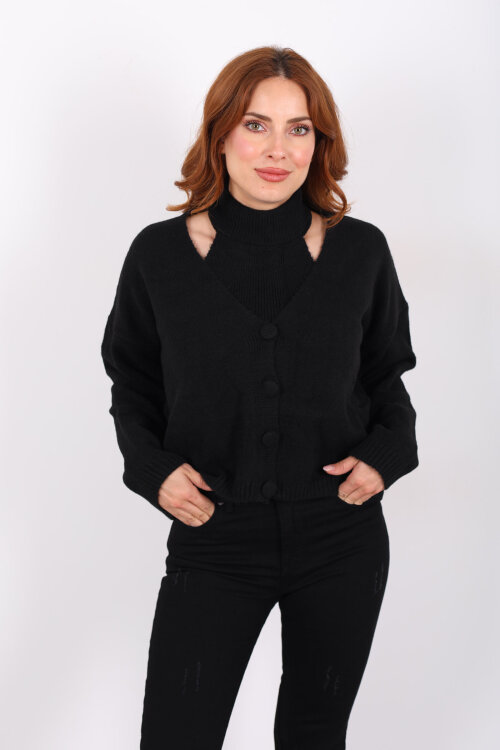 Boyundan Geçirmeli Siyah Kadın Triko Hırka Takım - Berox