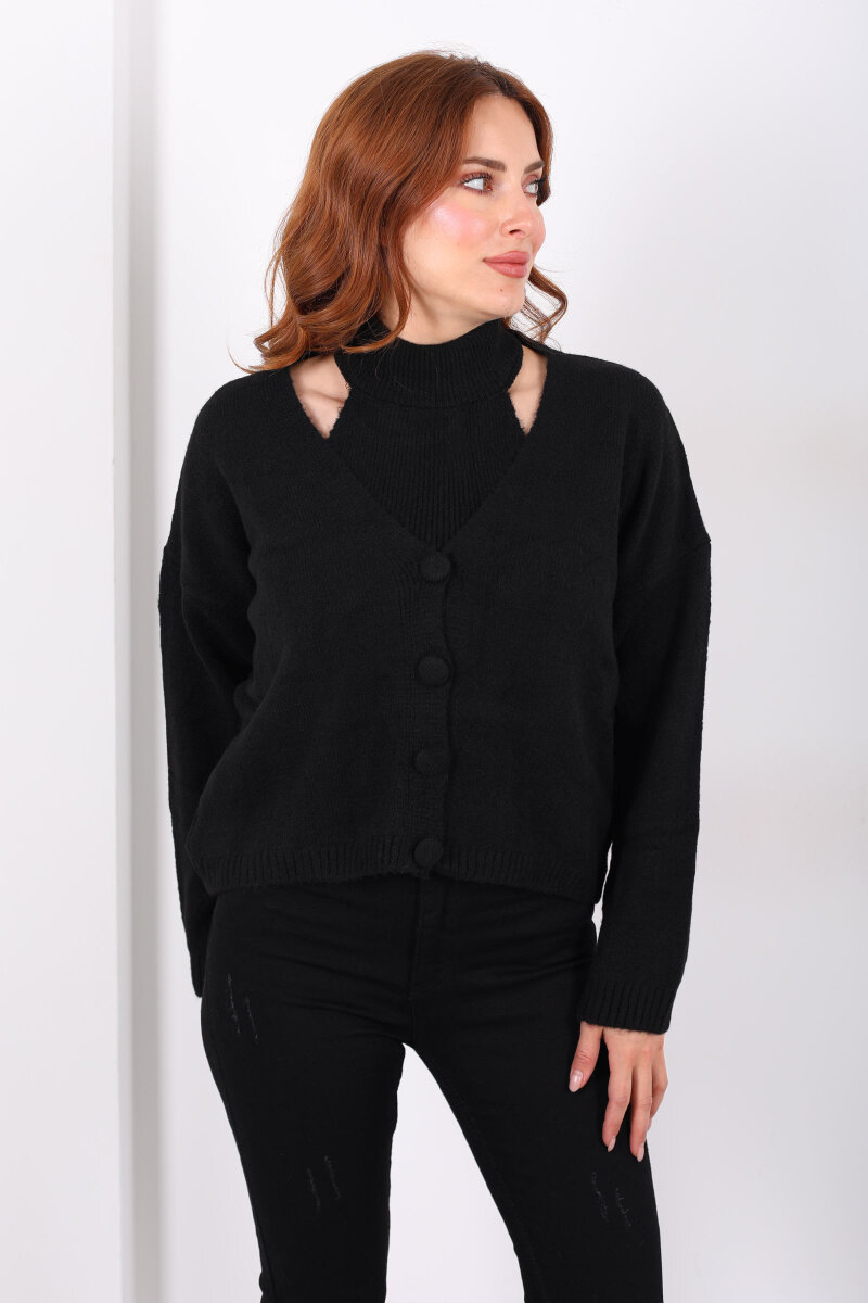 Boyundan Geçirmeli Siyah Kadın Triko Hırka Takım - 5