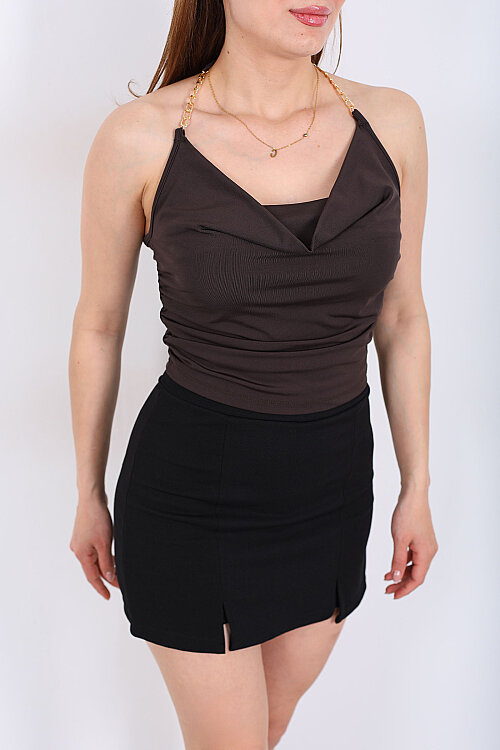 Boyundan Geçirmeli Zincirli Degaje Yaka Kahverengi Kadın Bluz - 4