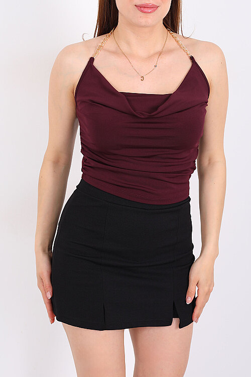 Boyundan Geçirmeli Zincirli Degaje Yaka Mürdüm Kadın Bluz - 4