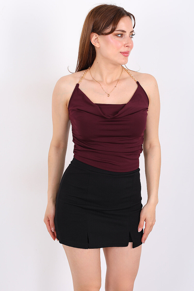 Boyundan Geçirmeli Zincirli Degaje Yaka Mürdüm Kadın Bluz - 5