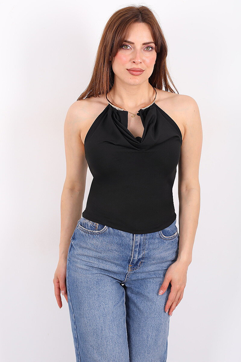 Boyundan Halka Geçirmeli Sırt Dekolteli Kadın Siyah Bluz - 6