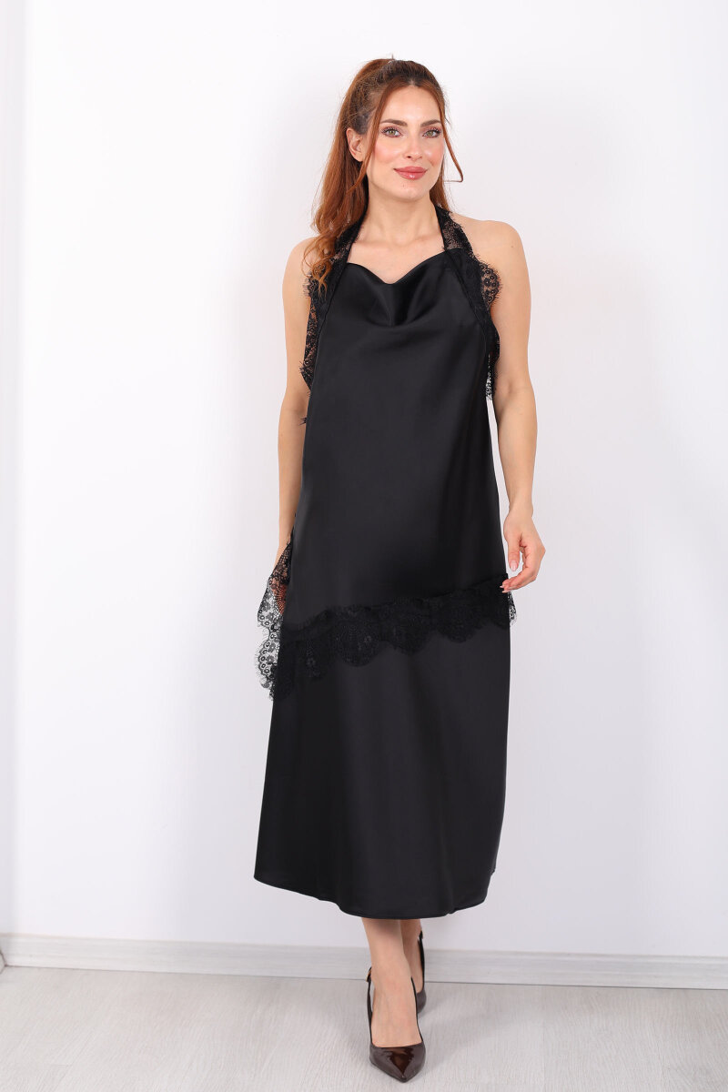 Boyundan Tül Bağlamalı Siyah Kadın Asimetrik Saten Bluz - 3