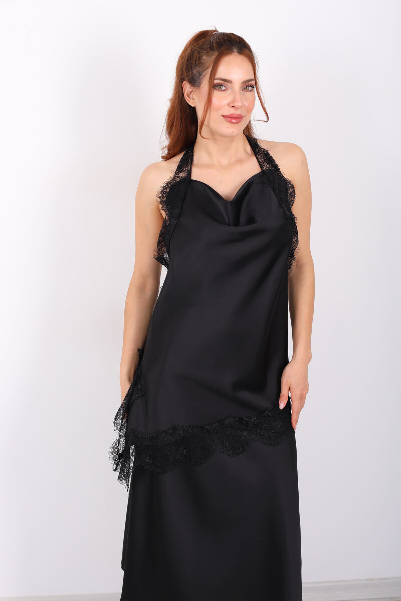 Boyundan Tül Bağlamalı Siyah Kadın Asimetrik Saten Bluz - 8