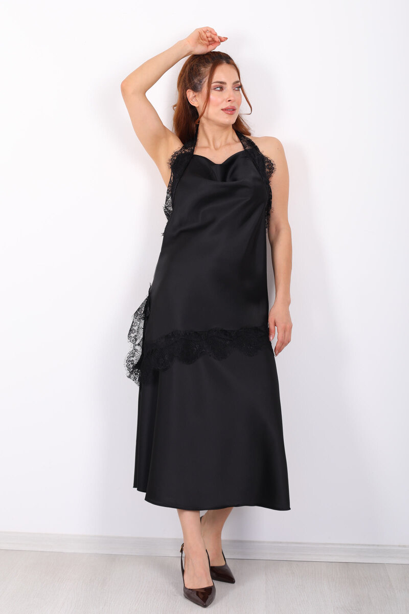 Boyundan Tül Bağlamalı Siyah Kadın Asimetrik Saten Bluz - 6