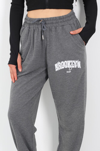 Brooklyn Baskılı Paça Lastikli Antrasit Kadın Eşofman Altı - 4
