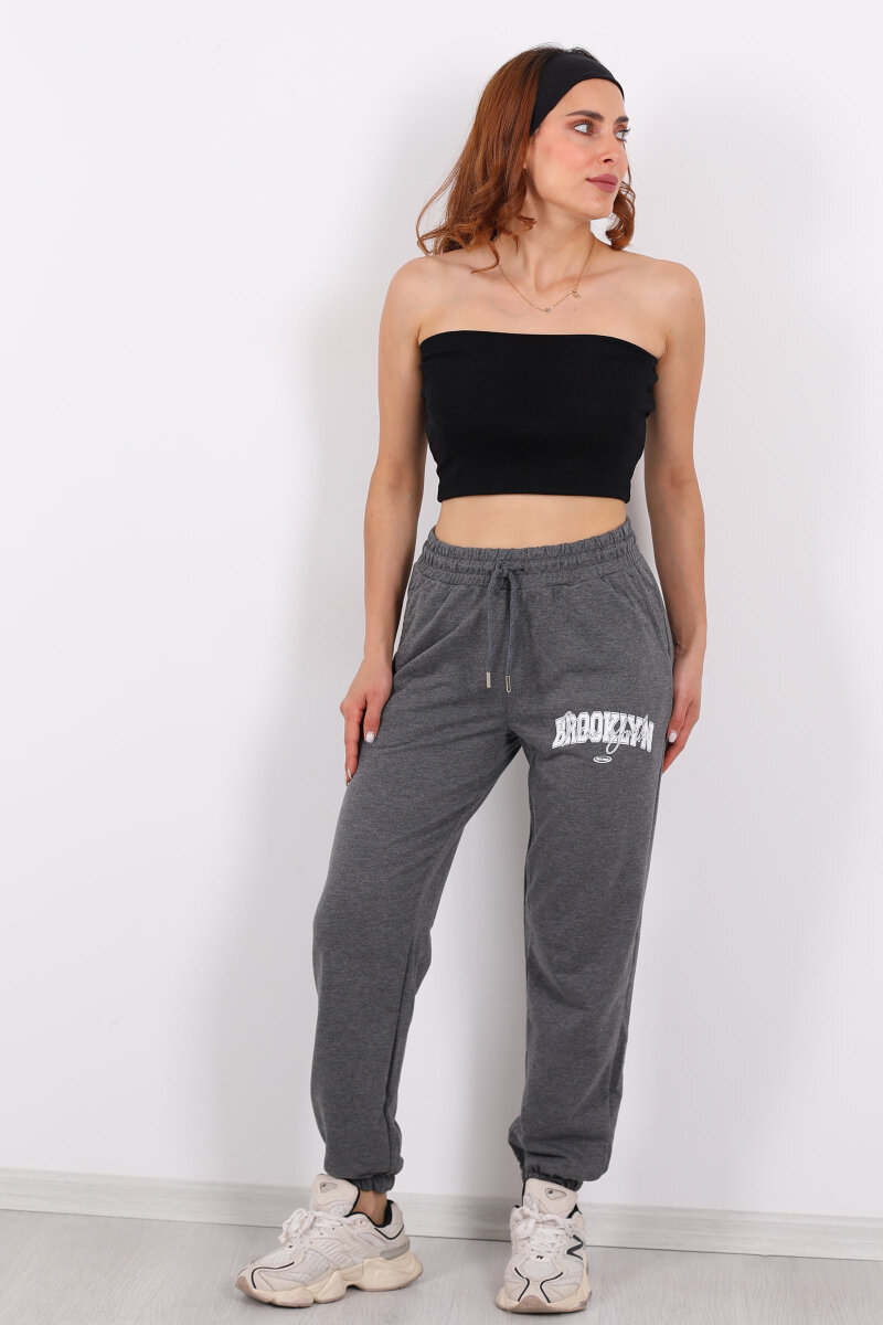 Brooklyn Baskılı Paça Lastikli Antrasit Kadın Eşofman Altı - 6