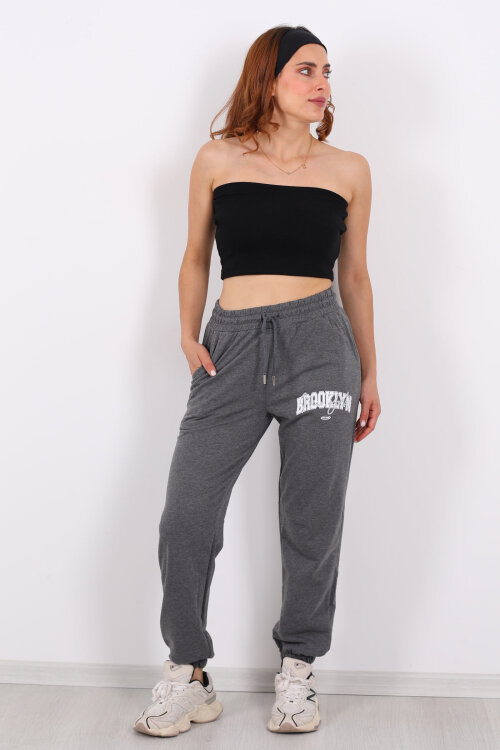Brooklyn Baskılı Paça Lastikli Antrasit Kadın Eşofman Altı - 3