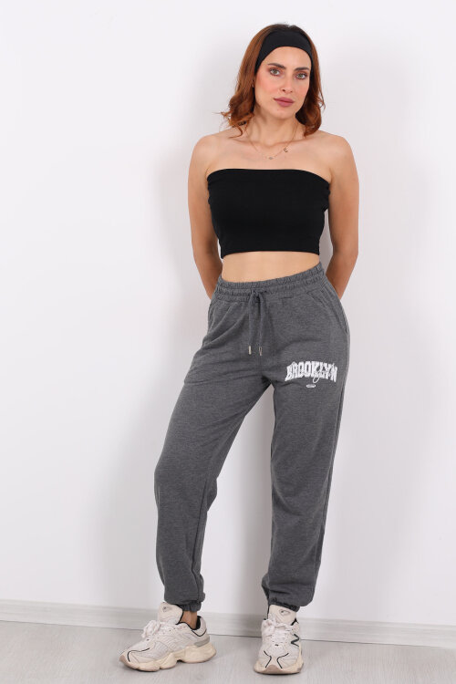 Brooklyn Baskılı Paça Lastikli Antrasit Kadın Eşofman Altı - Berox