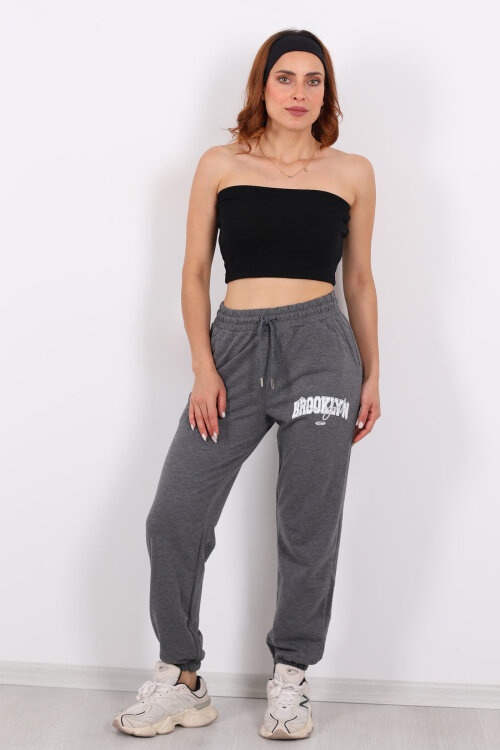 Brooklyn Baskılı Paça Lastikli Antrasit Kadın Eşofman Altı - 4