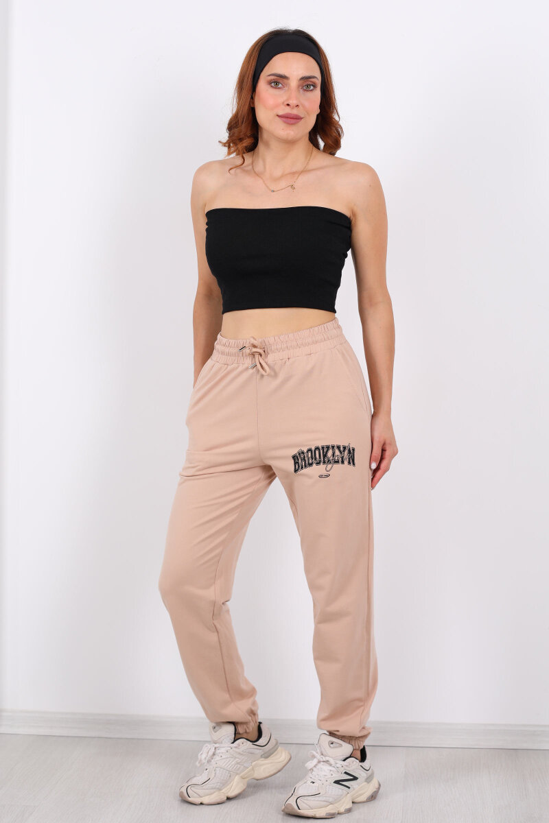 Brooklyn Baskılı Paça Lastikli Bej Kadın Eşofman Altı - 3