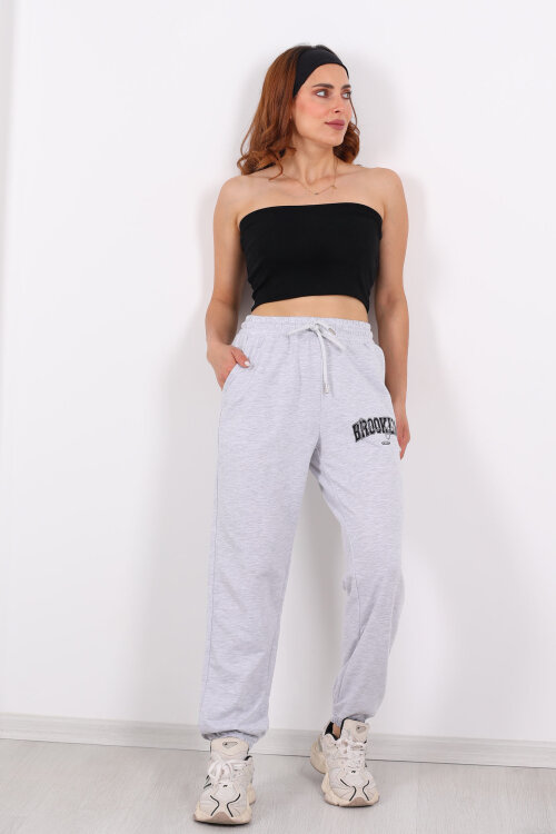 Brooklyn Baskılı Paça Lastikli Gri Kadın Eşofman Altı - Berox