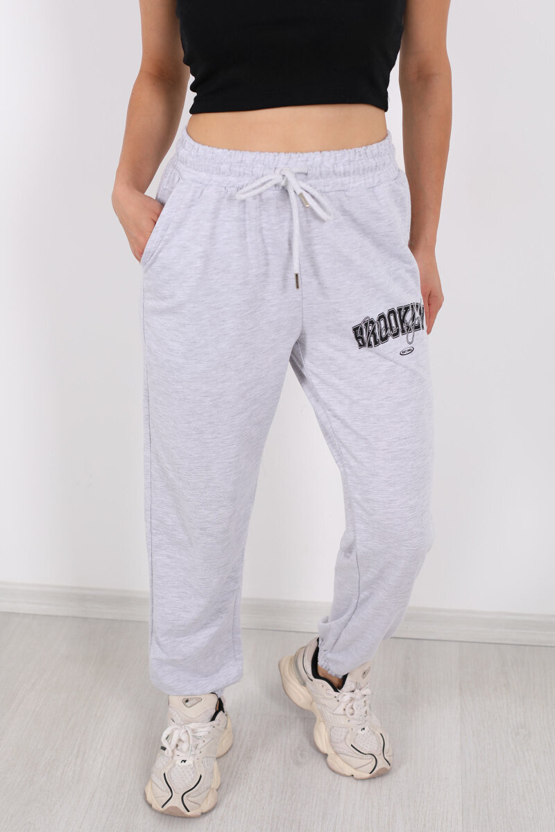 Brooklyn Baskılı Paça Lastikli Gri Kadın Eşofman Altı - 2